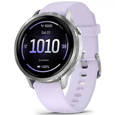 Garmin Venu 4 – 41 mm, ezüst, mályvaszínű szilikon szíjjal (ED) - 010-03013-01