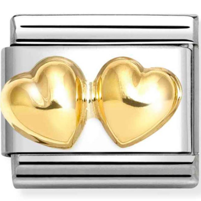 Nomination dupla arany szív ezüst charm - 030116/23