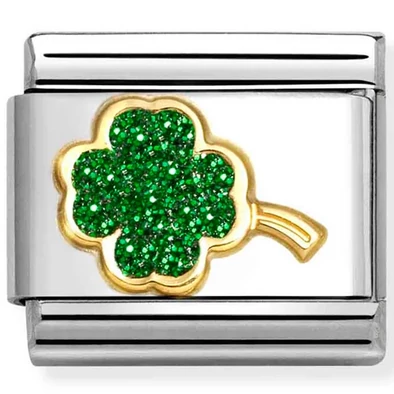 Nomination arany négylevelű lóhere zöld glitterrel ezüst charm  - 030220/18