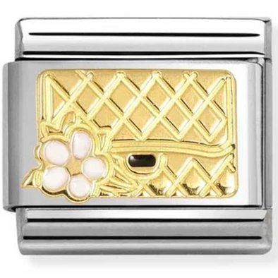 Nomination sárga arany táska fehér virággal ezüst charm  - 030272/94