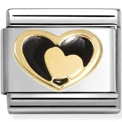 Nomination sárga arany és fekete szív ezüst charm  - 030283/26