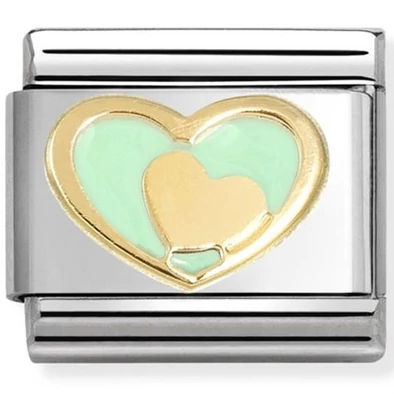 Nomination sárga arany és zöld szív ezüst charm  - 030283/29