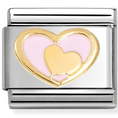 Nomination sárga arany és rózsaszín szív ezüst charm  - 030283/30