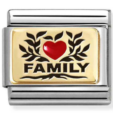 Nomination arany piros szíves "FAMILY" charm - 030289/07