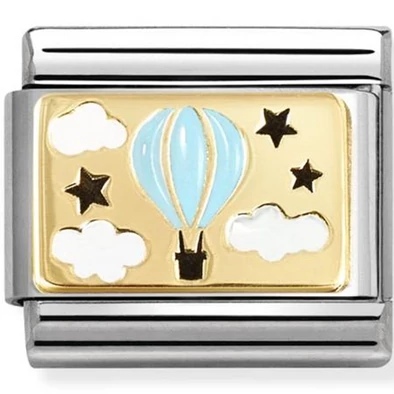 Nomination sárga arany kék hőlégballon, felhők és csillagok ezüst charm  - 030289/17