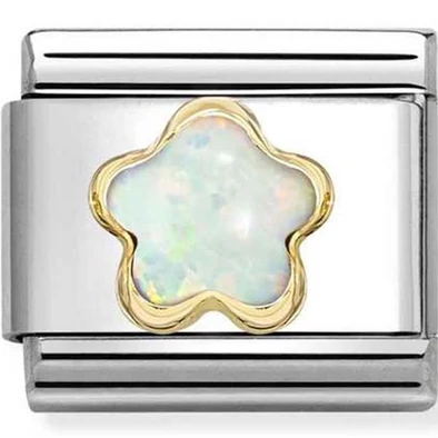 Nomination arany szegélyes fehér opál virág charm - 030522/07