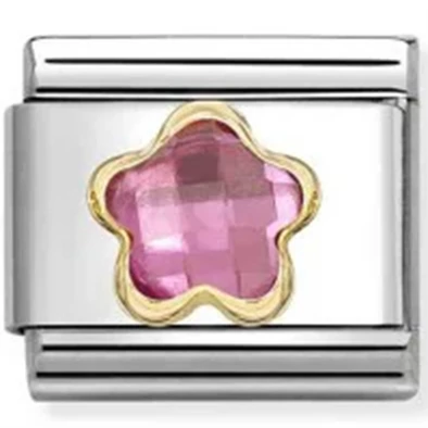 Nomination arany szegélyes rózsaszín virág charm - 030615/043