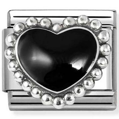 Nomination fekete gyöngyös szív ezüst charm  - 330204/38