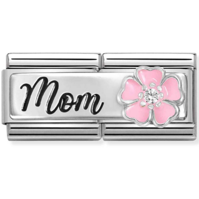 Nomination ezüst "Mom" rózsaszín virág dupla charm  - 330734/20
