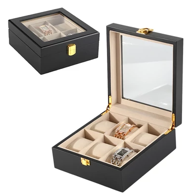 Óratartó doboz - matt fekete fa - 6 db órának