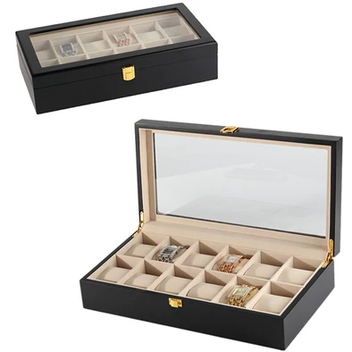 Óratartó doboz - matt fekete fa - 12 db órának