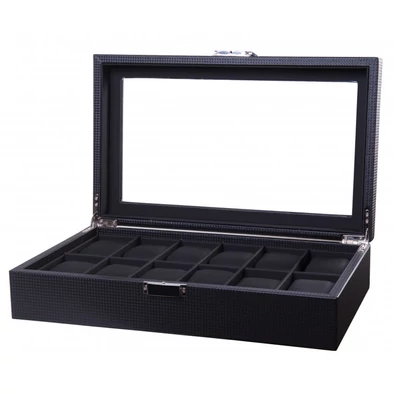 Óratartó doboz - karbon fekete bőr - 12 db órának
