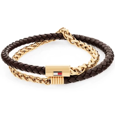 Tommy Hilfiger barna bőr, arany láncos férfi karkötő - 2790563