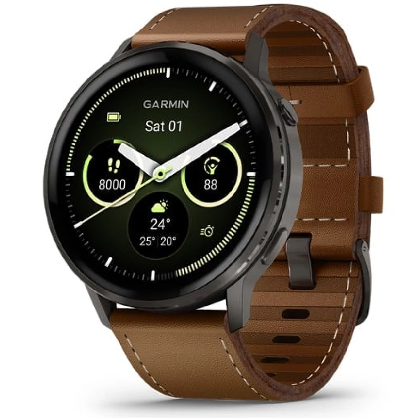 Garmin Venu 4 – 45 mm, sötétszürke, fekete szilikon- és barna bőrszíjjal (ED XD) - 010-03014-03