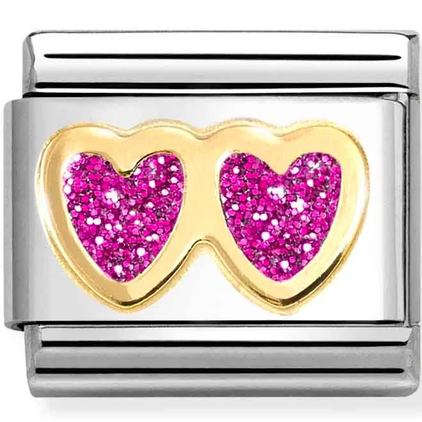 Nomination ezüst sárga arany dupla szív pink glitter charm  - 030220/13