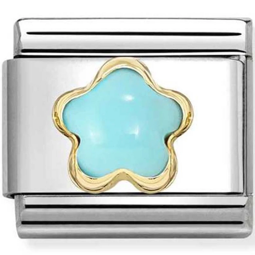 Nomination arany szegélyes türkiz virág charm - 030522/06