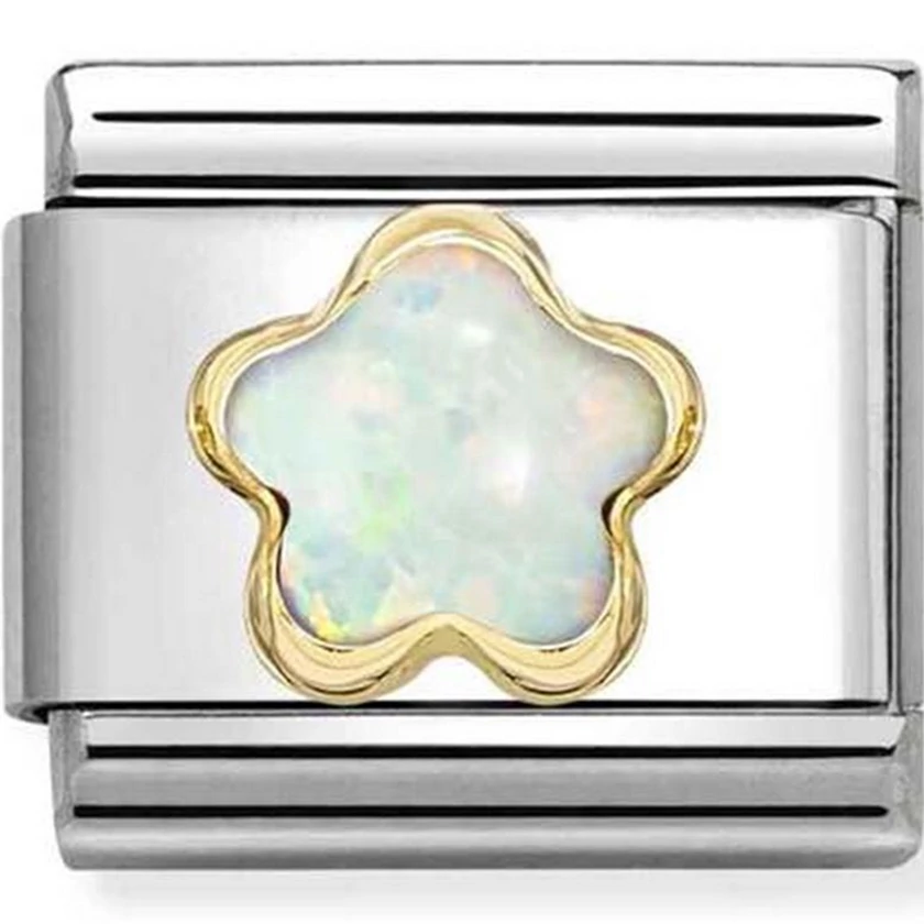 Nomination arany szegélyes fehér opál virág charm - 030522/07