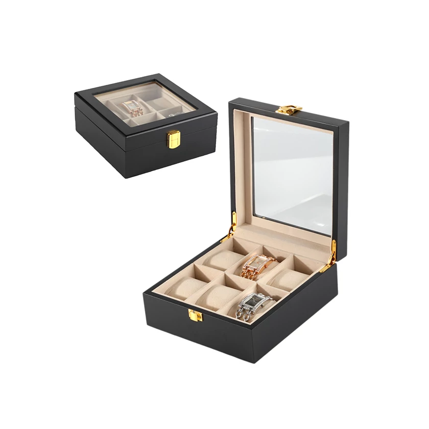 Óratartó doboz - matt fekete fa - 6 db órának