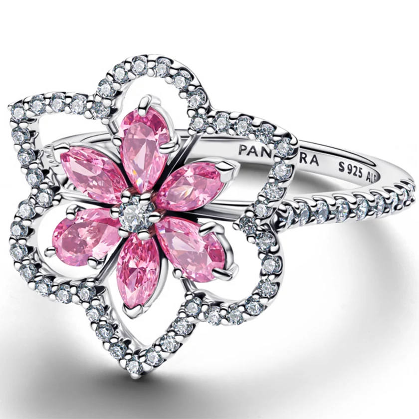 Pandora rózsaszín szikrázó virág ezüst gyűrű  - 194577C01-50