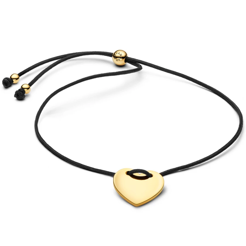 Pandora gravírozható aranyozott szív fekete húzózsinóros cérnakarkötő  - 564420C01-2