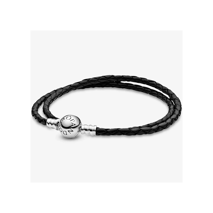 Pandora moments kétsoros fonottbőr karkötő, fekete - 590745CBK-D2