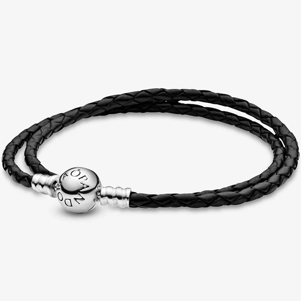 Pandora moments kétsoros fonottbőr karkötő, fekete - 590745CBK-D2